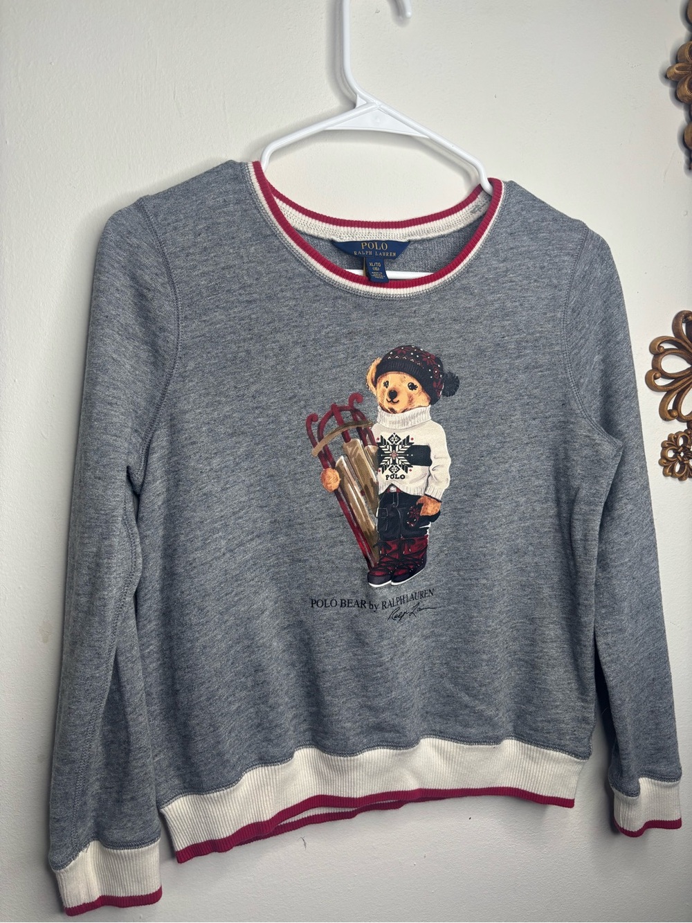 Polo Ralph Lauren Girls Grey Sled Polo Bear Atlantic Terry Sweatshirt XL (16)